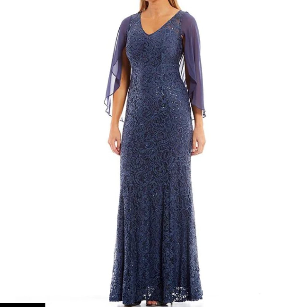 Alex Evenings V-Neck 3/4 Sleeve Chiffon Caplet Sequin Lace Gown